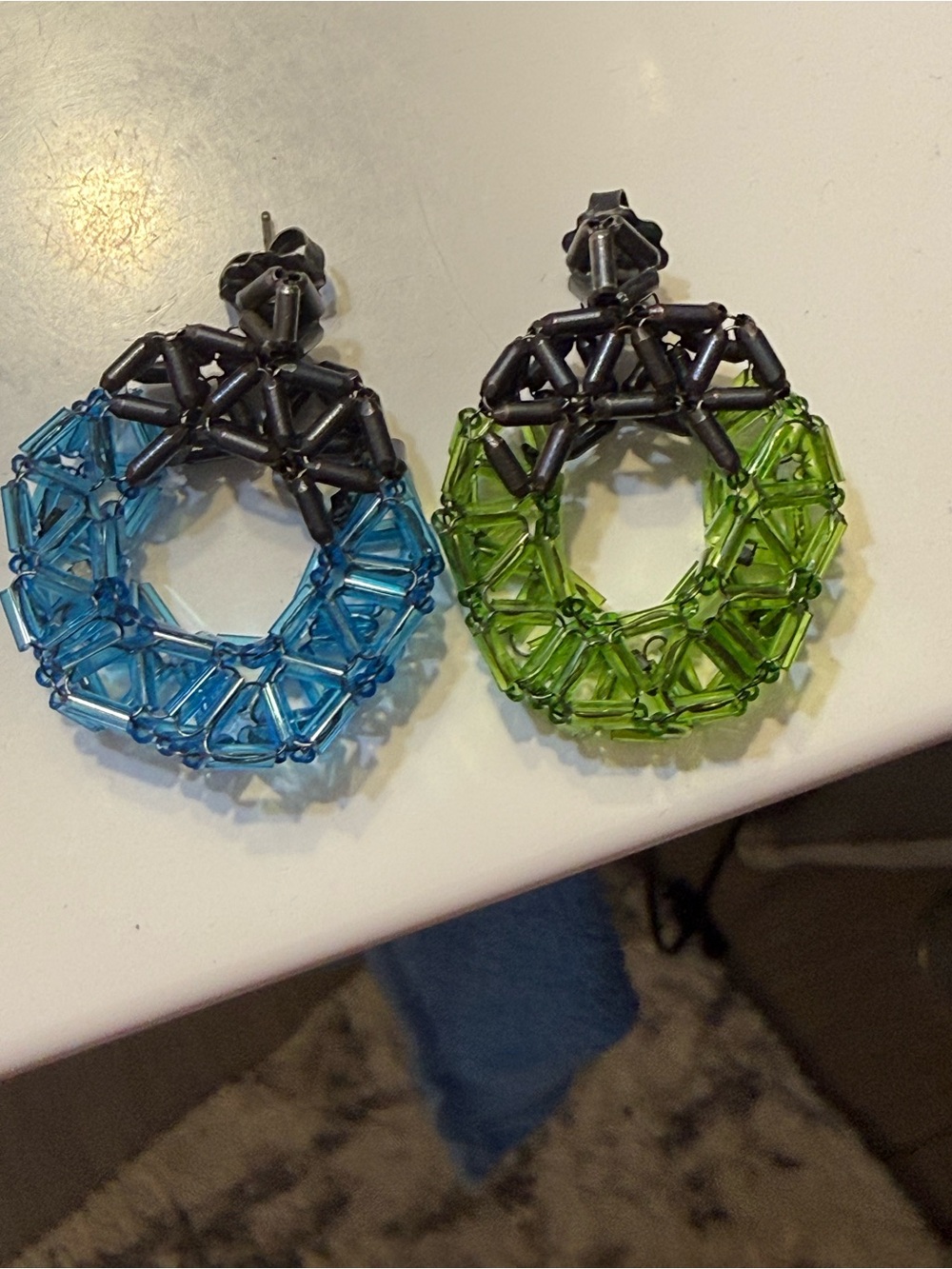 Beaded Hoop Earrings — Blue & Green with Black Accents